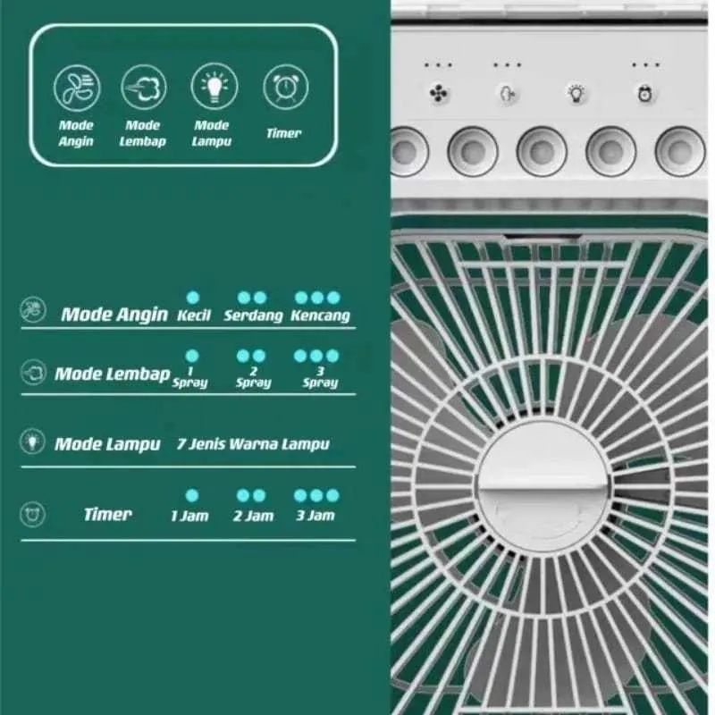 Kipas Pendingin Air Cooler Mini Portable, 3 Kecepatan, Tangki Air, Lampu LED 7 Warna 3