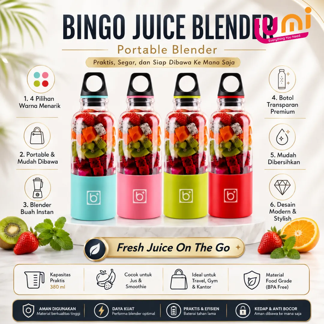 Blender Jus Portable Bingo 500 ml, Baterai 2600 mAh Isi Ulang, 4 Mata Pisau 1