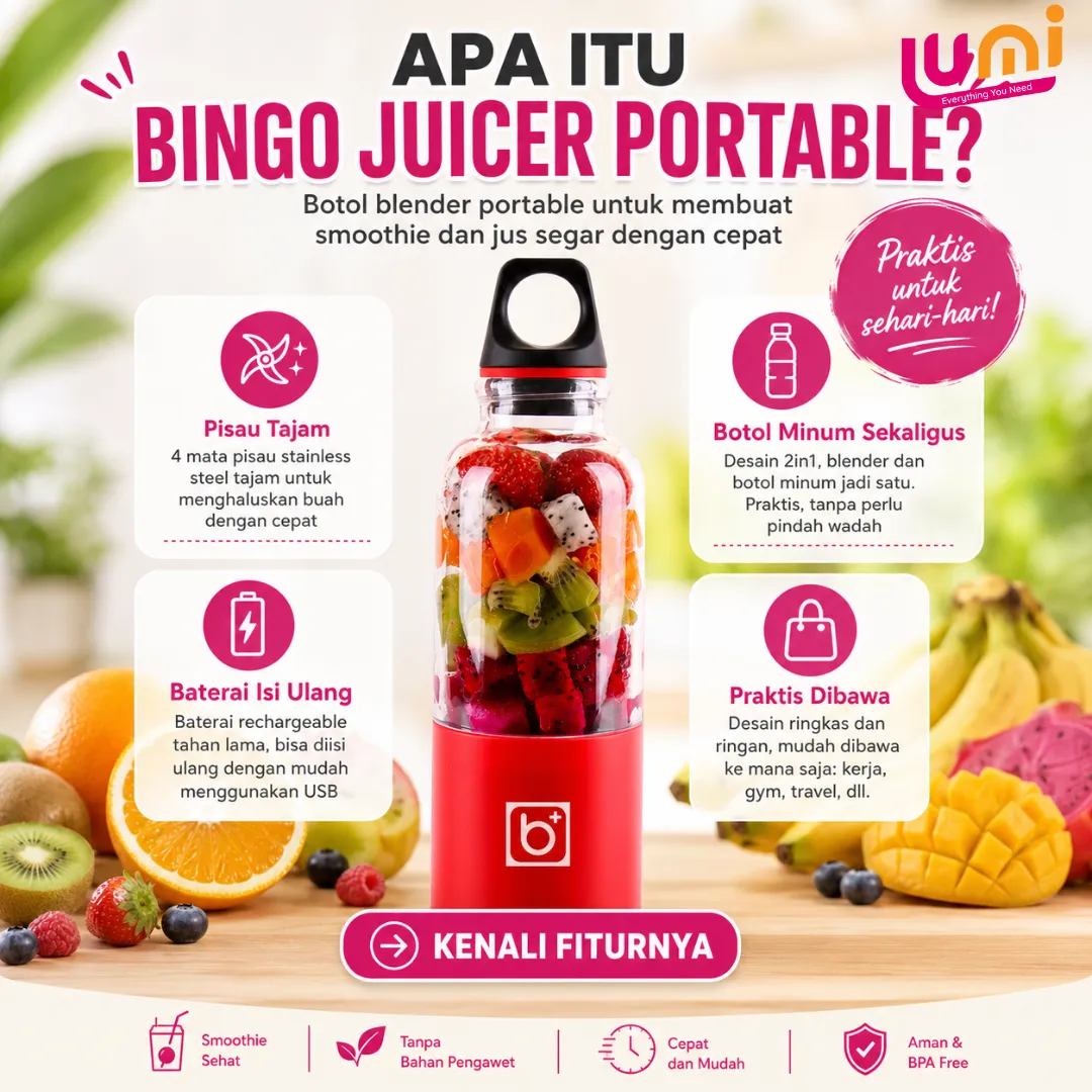Blender Jus Portable Bingo 500 ml, Baterai 2600 mAh Isi Ulang, 4 Mata Pisau 2