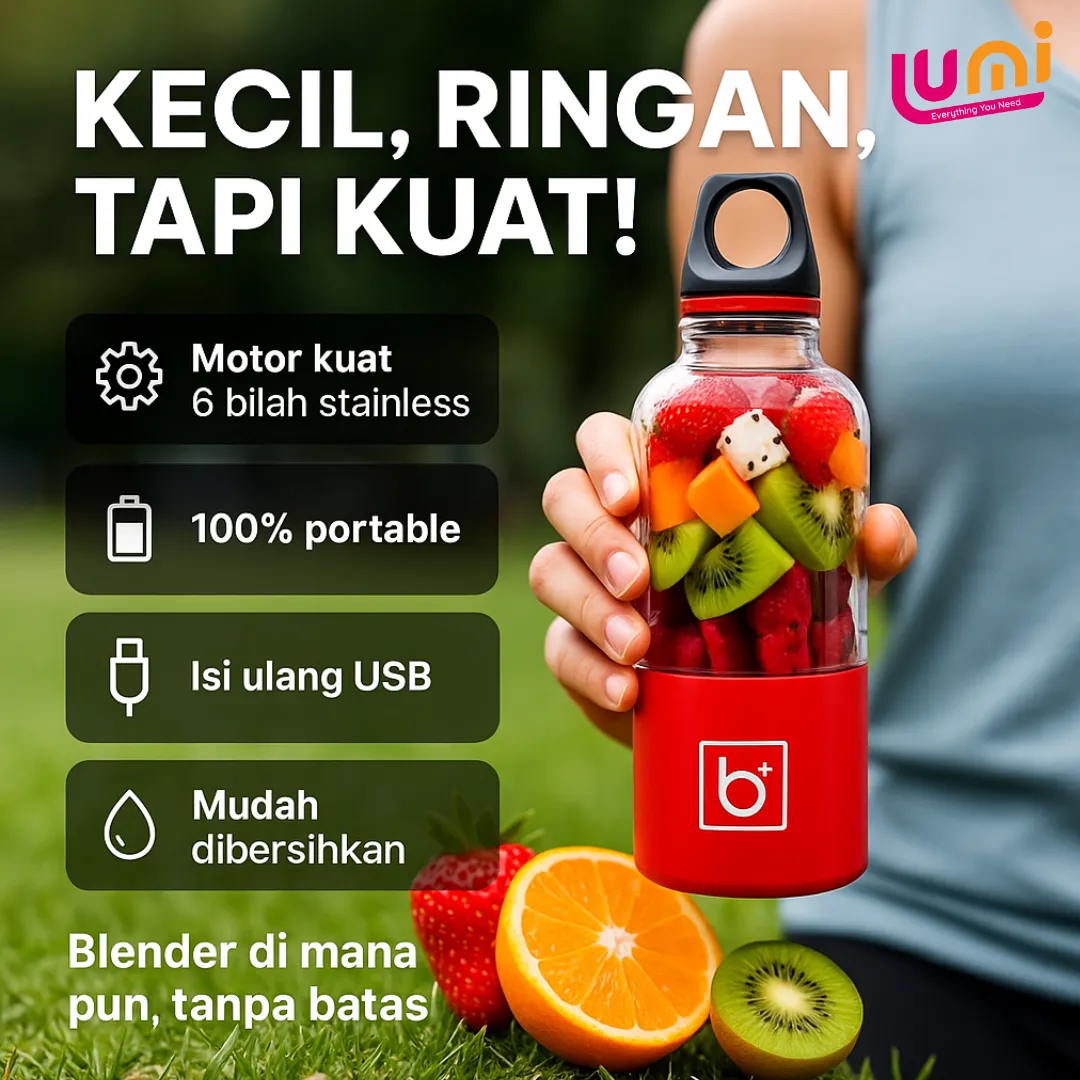 Blender Jus Portable Bingo 500 ml, Baterai 2600 mAh Isi Ulang, 4 Mata Pisau 3