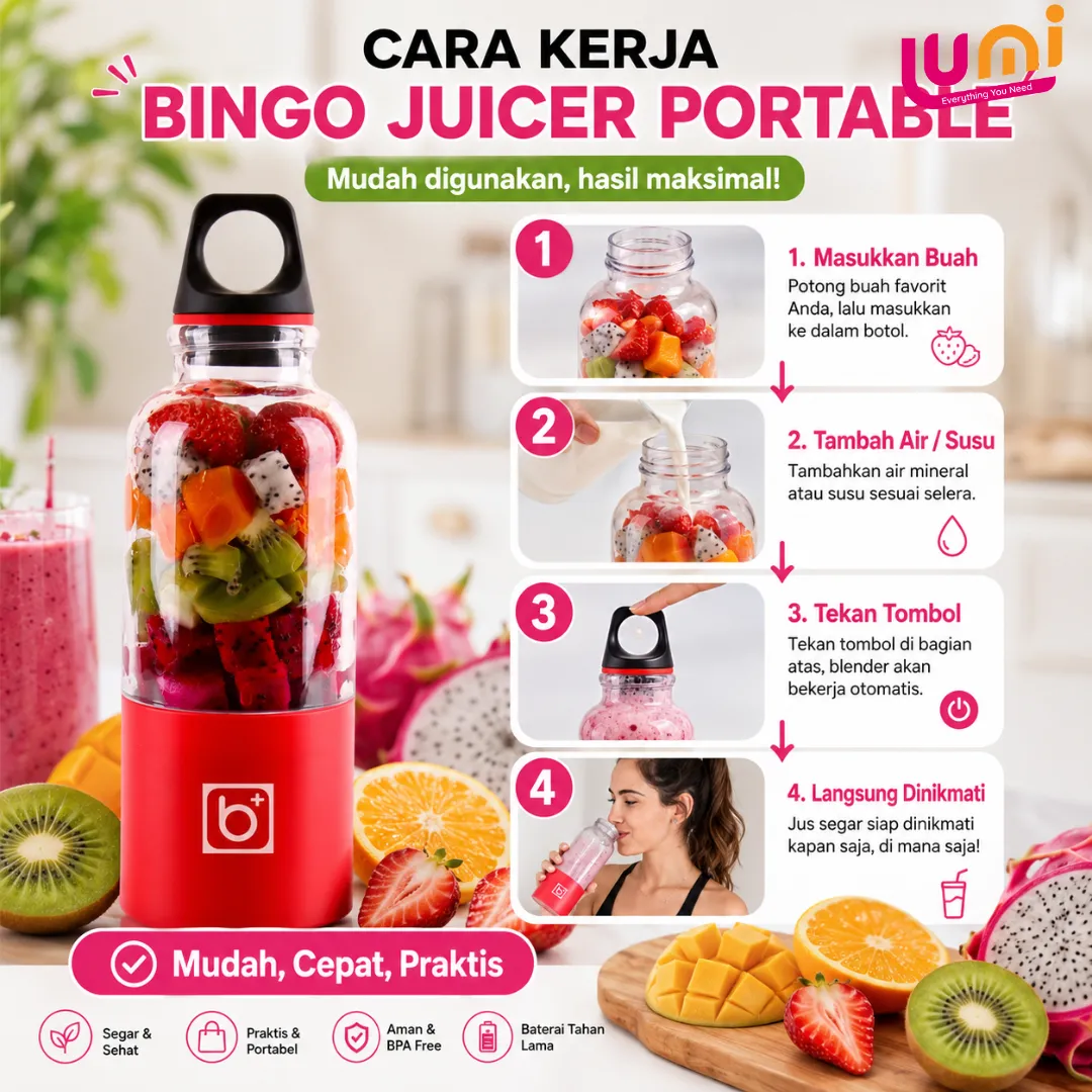 Blender Jus Portable Bingo 500 ml, Baterai 2600 mAh Isi Ulang, 4 Mata Pisau 4