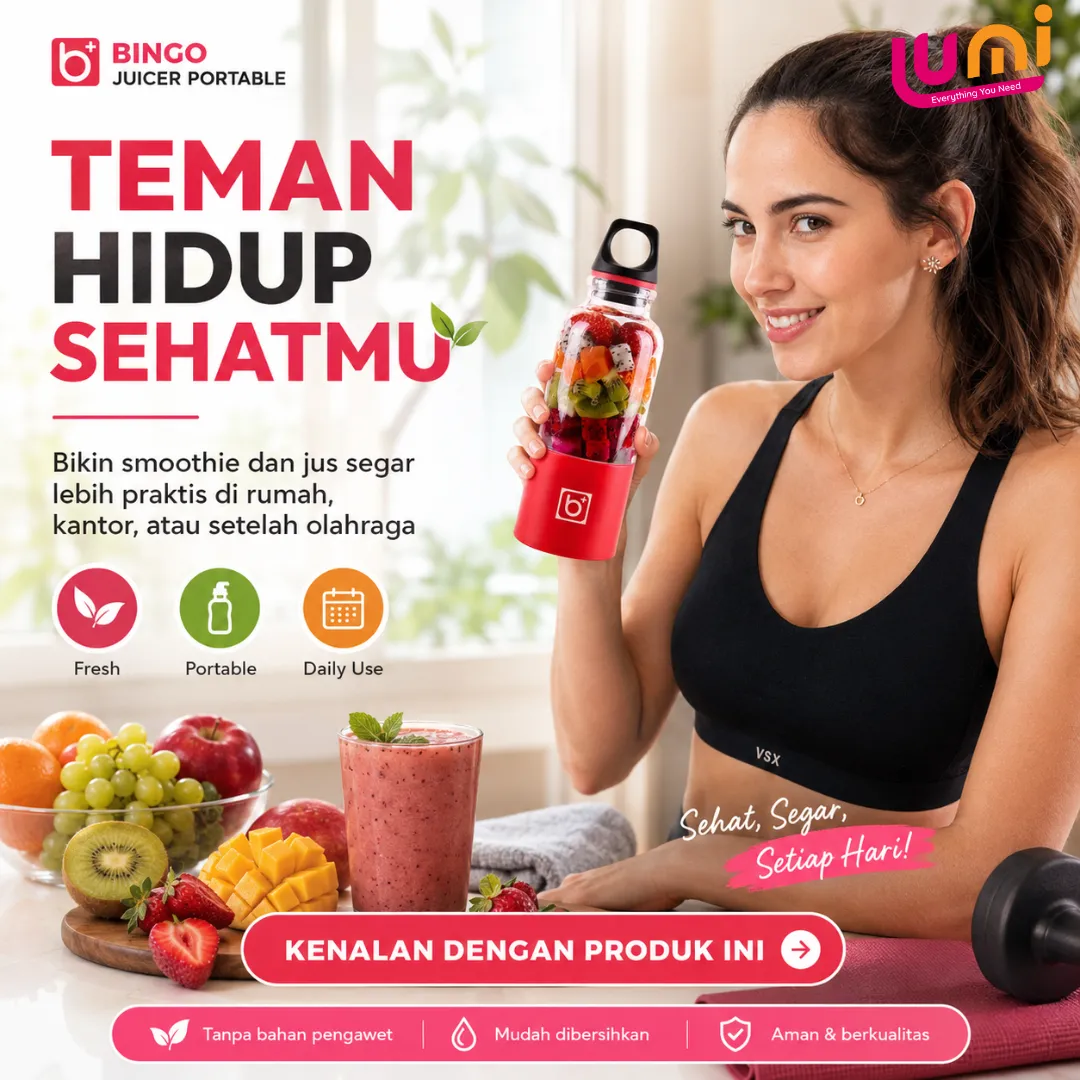 Blender Jus Portable Bingo 500 ml, Baterai 2600 mAh Isi Ulang, 4 Mata Pisau 5