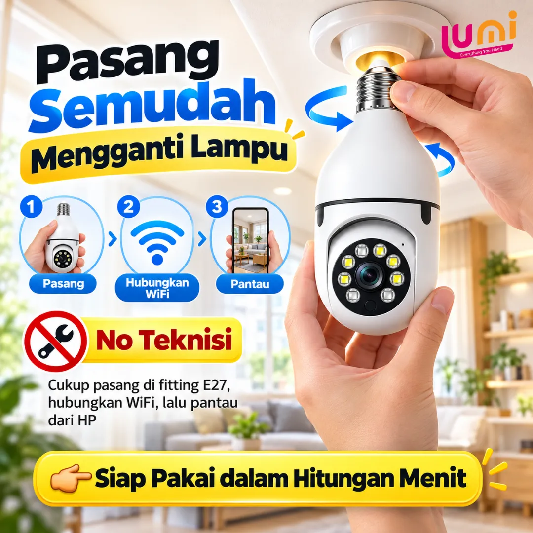 CCTV Bohlam WiFi 1080P Putar 360°, Pasang di Fitting Lampu, Pantau dari HP, Sudah Termasuk MicroSD 64GB 1