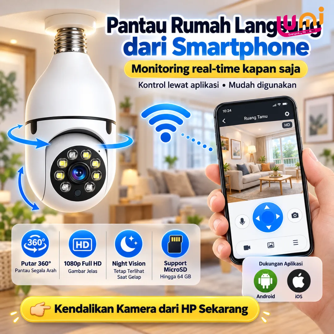CCTV Bohlam WiFi 1080P Putar 360°, Pasang di Fitting Lampu, Pantau dari HP, Sudah Termasuk MicroSD 64GB 2