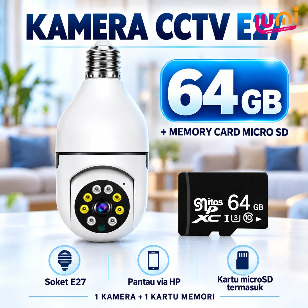 CCTV Bohlam WiFi 1080P Putar 360°, Pasang di Fitting Lampu, Pantau dari HP, Sudah Termasuk MicroSD 64GB 3