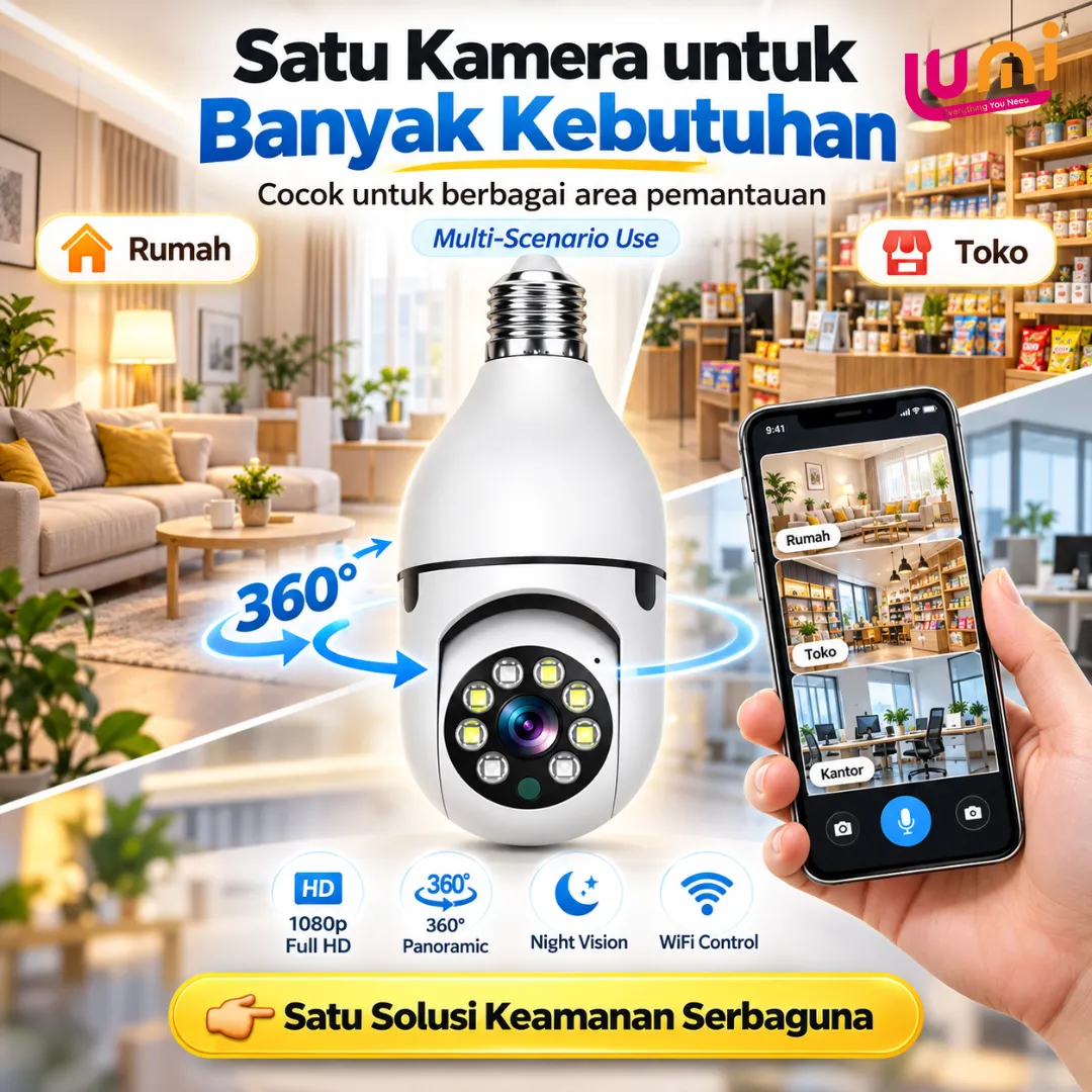 CCTV Bohlam WiFi 1080P Putar 360°, Pasang di Fitting Lampu, Pantau dari HP, Sudah Termasuk MicroSD 64GB 4