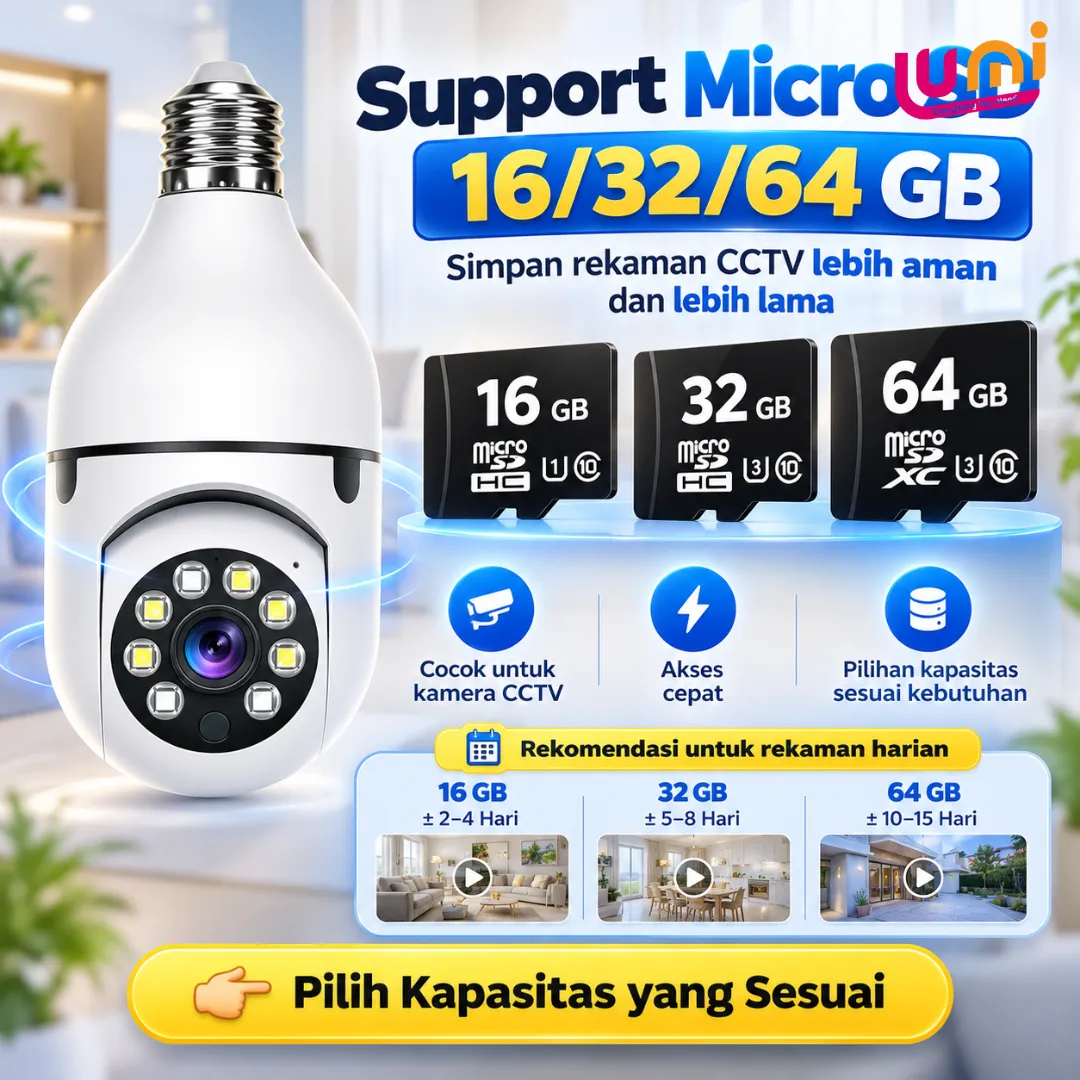 CCTV Bohlam WiFi 1080P Putar 360°, Pasang di Fitting Lampu, Pantau dari HP, Sudah Termasuk MicroSD 64GB 5