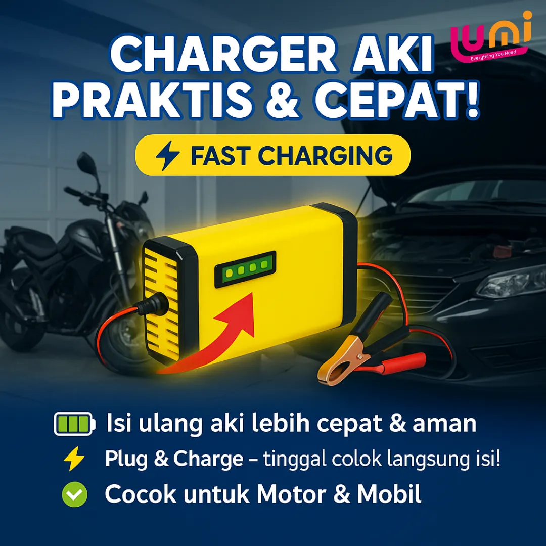 Charger Aki Mobil dan Motor 12V 2A Portable, Isi Ulang Aki dari Colokan Rumah, Berhenti Otomatis Saat Penuh 1