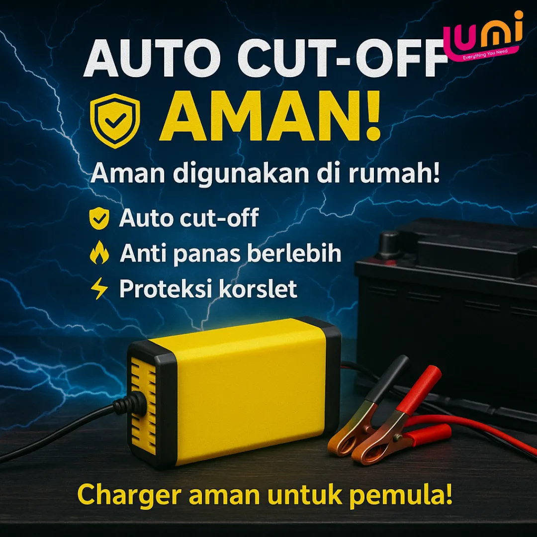 Charger Aki Mobil dan Motor 12V 2A Portable, Isi Ulang Aki dari Colokan Rumah, Berhenti Otomatis Saat Penuh 4