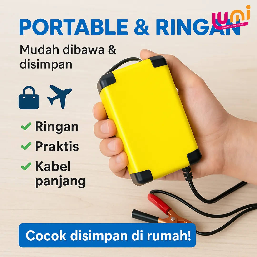 Charger Aki Mobil dan Motor 12V 2A Portable, Isi Ulang Aki dari Colokan Rumah, Berhenti Otomatis Saat Penuh 5