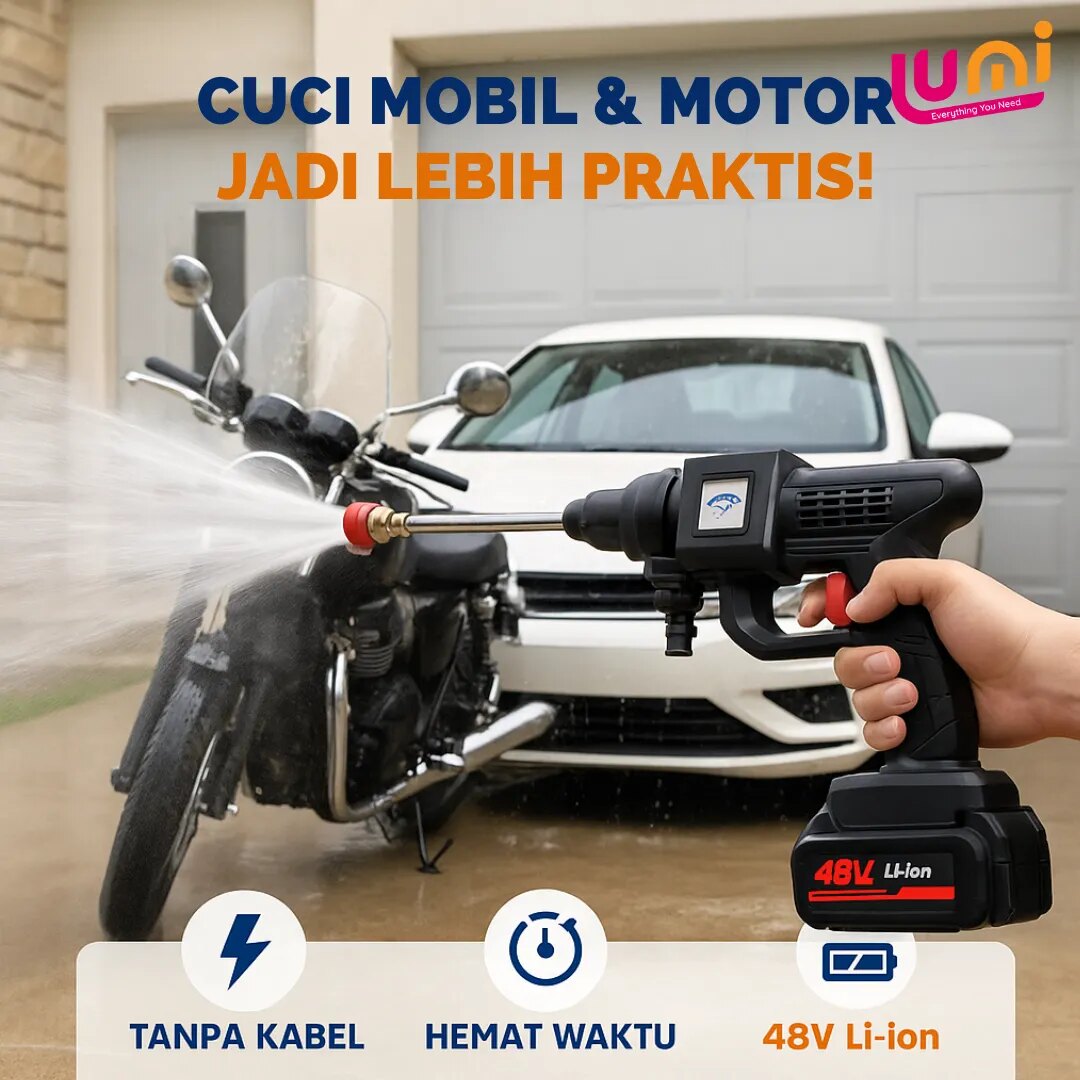 Jet Cleaner Cuci Mobil & Motor 48V Tanpa Kabel, Tekanan Tinggi 25 Bar, Set Koper 1