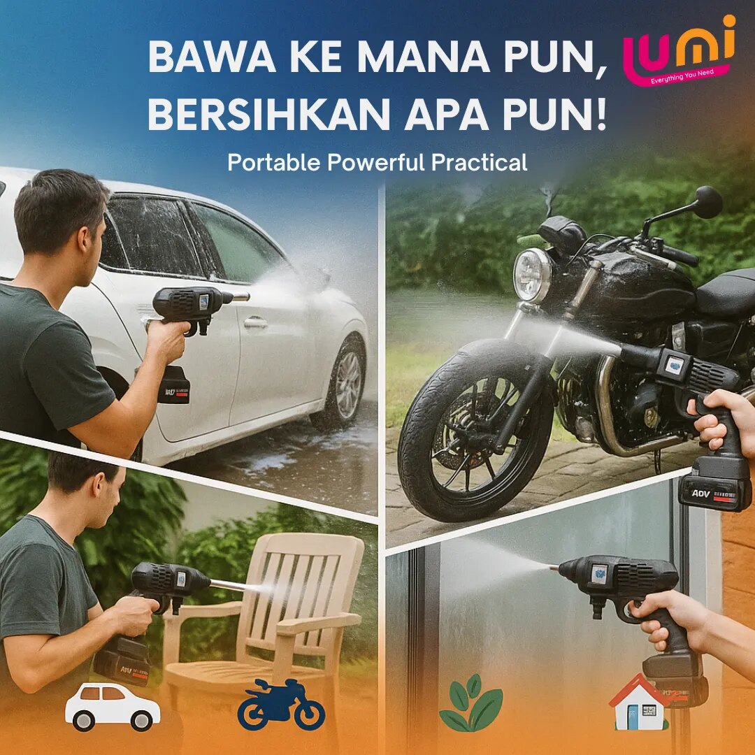 Jet Cleaner Cuci Mobil & Motor 48V Tanpa Kabel, Tekanan Tinggi 25 Bar, Set Koper 6