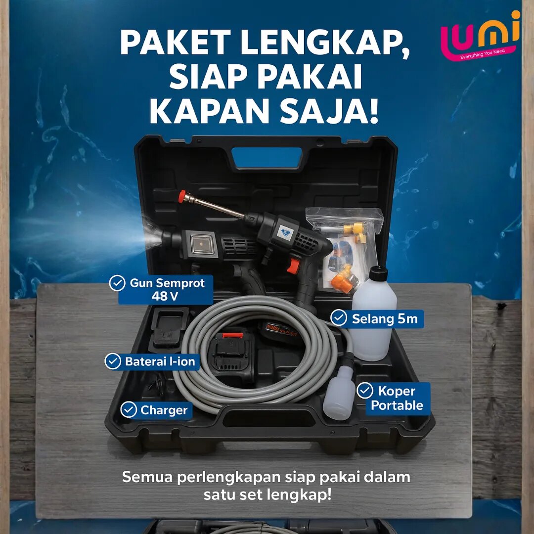 Jet Cleaner Cuci Mobil & Motor 48V Tanpa Kabel, Tekanan Tinggi 25 Bar, Set Koper 2