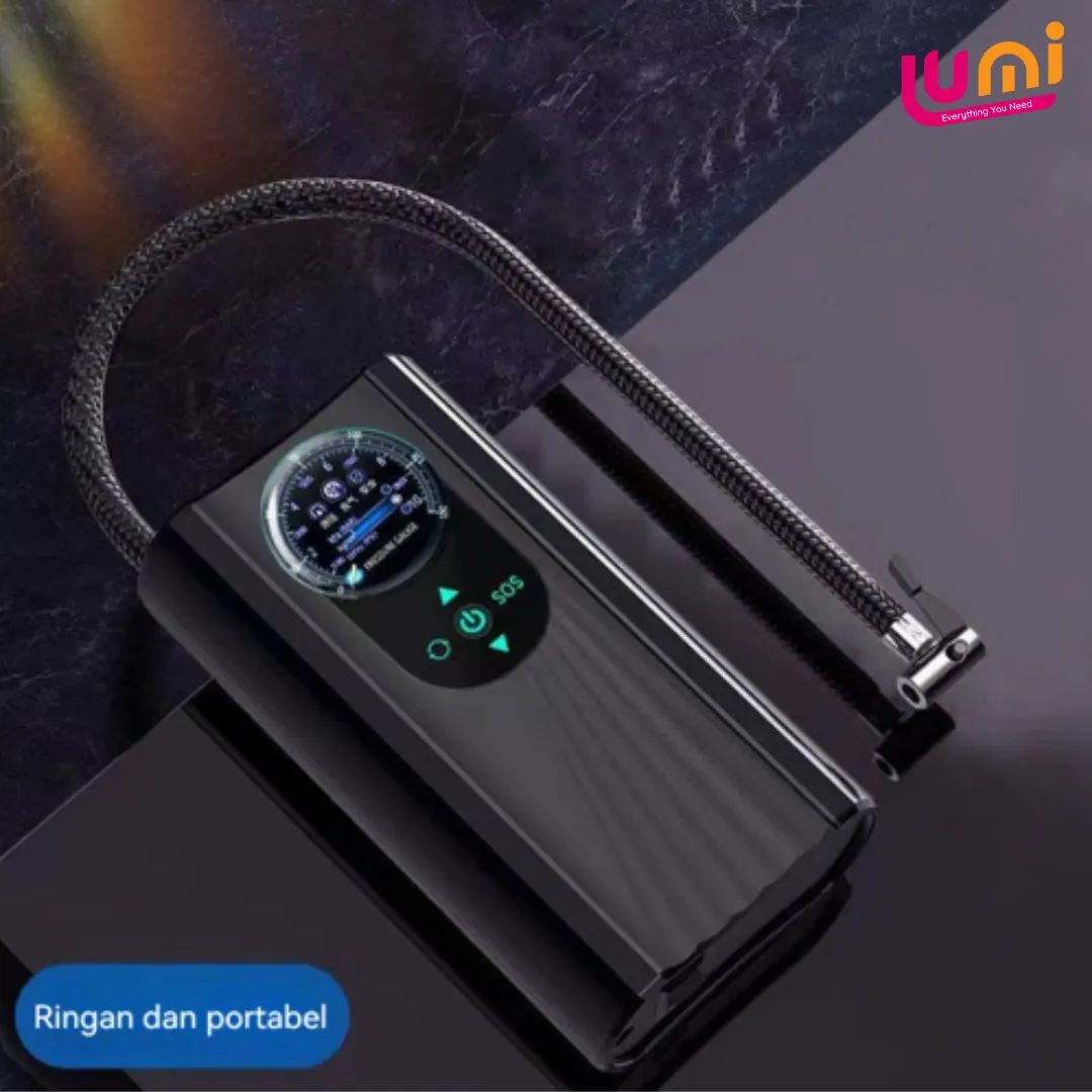 Pompa Ban Elektrik Portable Baterai Isi Ulang, Indikator Tekanan, Power Bank dan Lampu LED 1