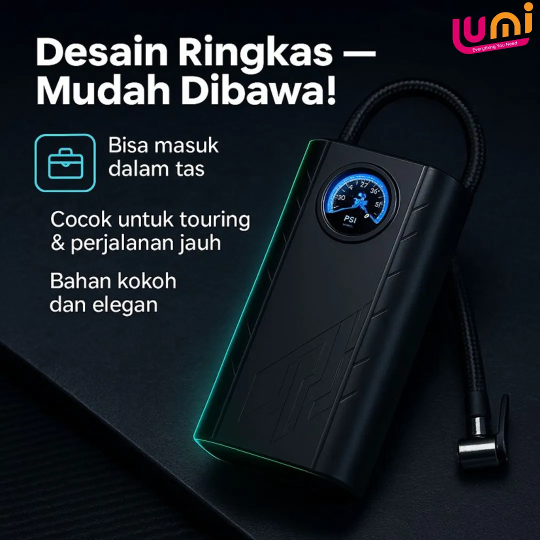 Pompa Ban Elektrik Portable Baterai Isi Ulang, Indikator Tekanan, Power Bank dan Lampu LED 3