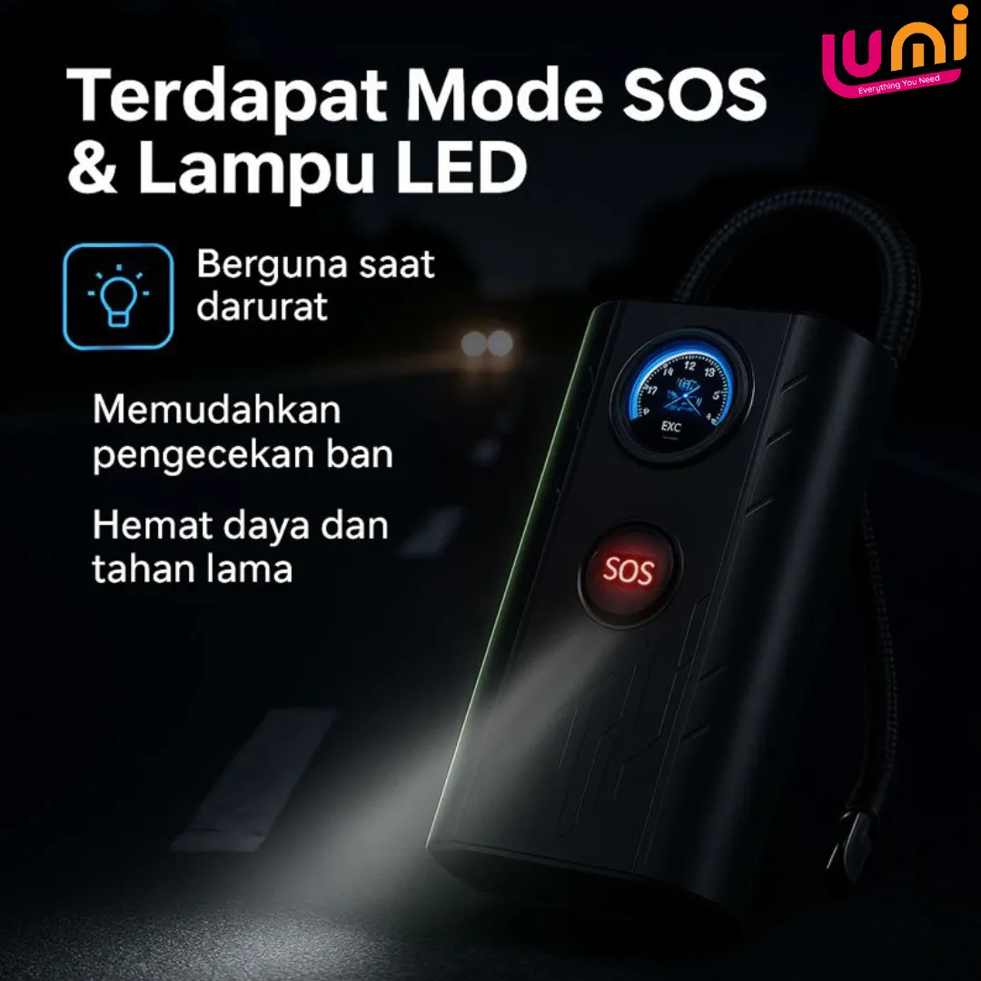 Pompa Ban Elektrik Portable Baterai Isi Ulang, Indikator Tekanan, Power Bank dan Lampu LED 4