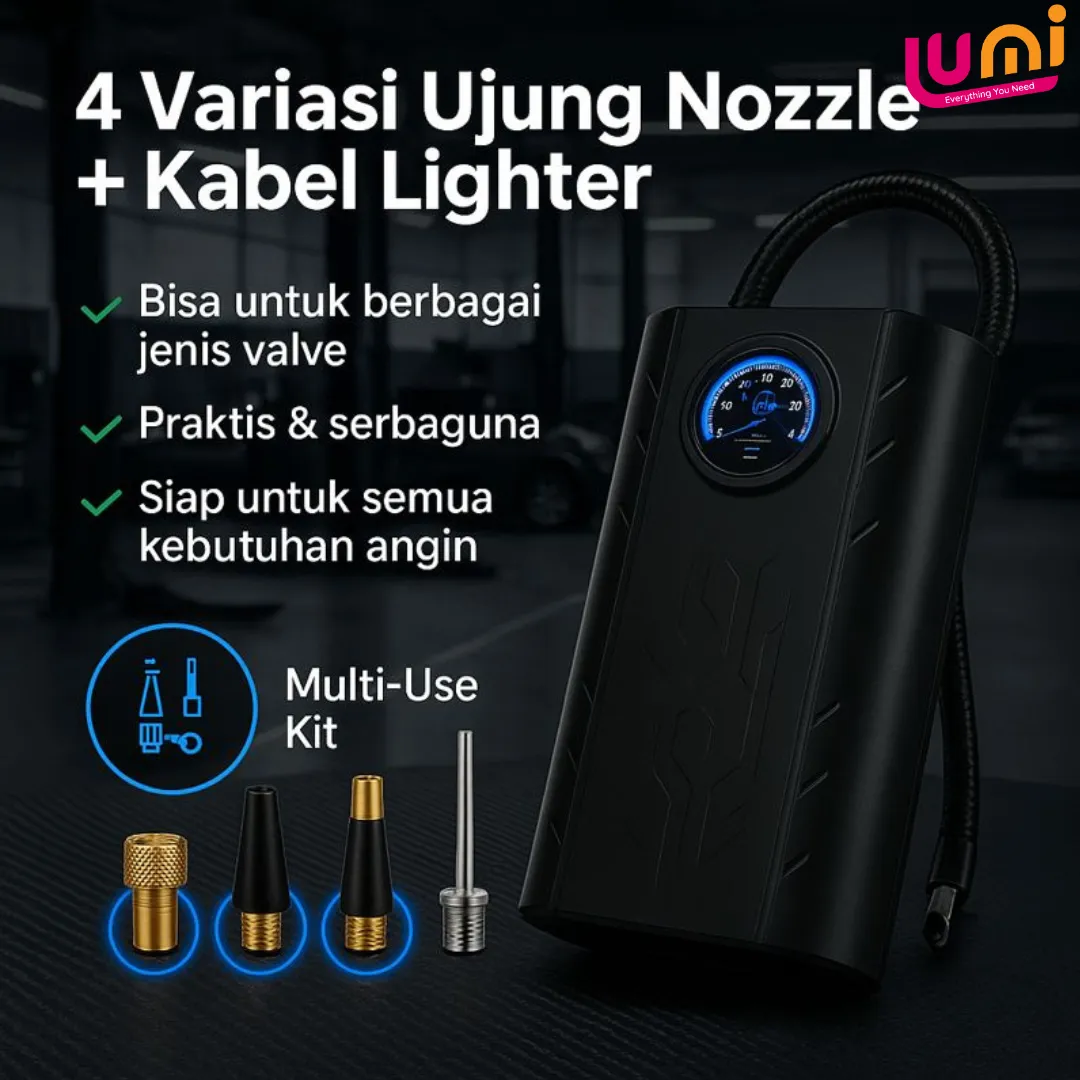 Pompa Ban Elektrik Portable Baterai Isi Ulang, Indikator Tekanan, Power Bank dan Lampu LED 5