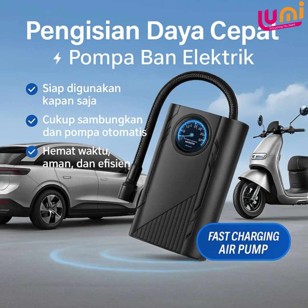 Pompa Ban Elektrik Portable Baterai Isi Ulang, Indikator Tekanan, Power Bank dan Lampu LED 6