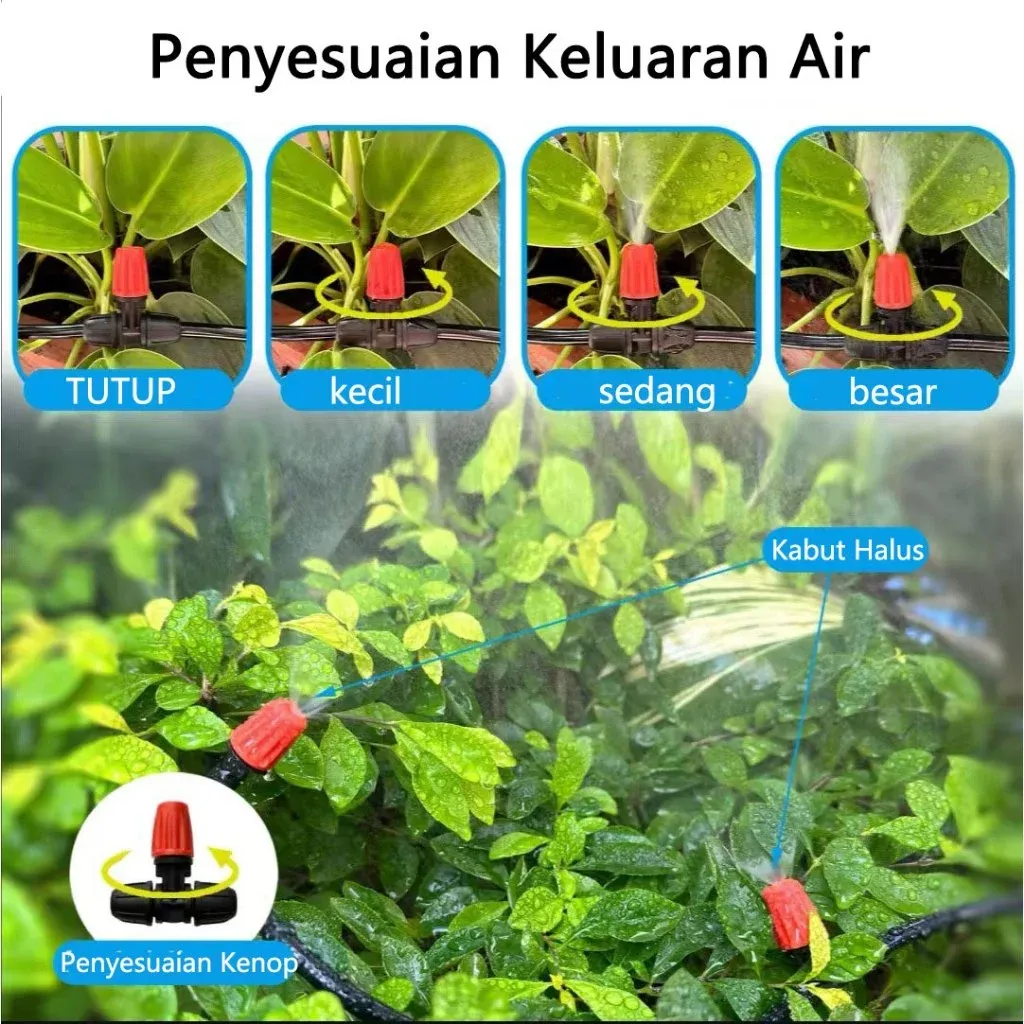 Set Penyiram Kabut Tanaman: Selang 10 Meter, 10 Nozzle Mist, Konektor Keran 1