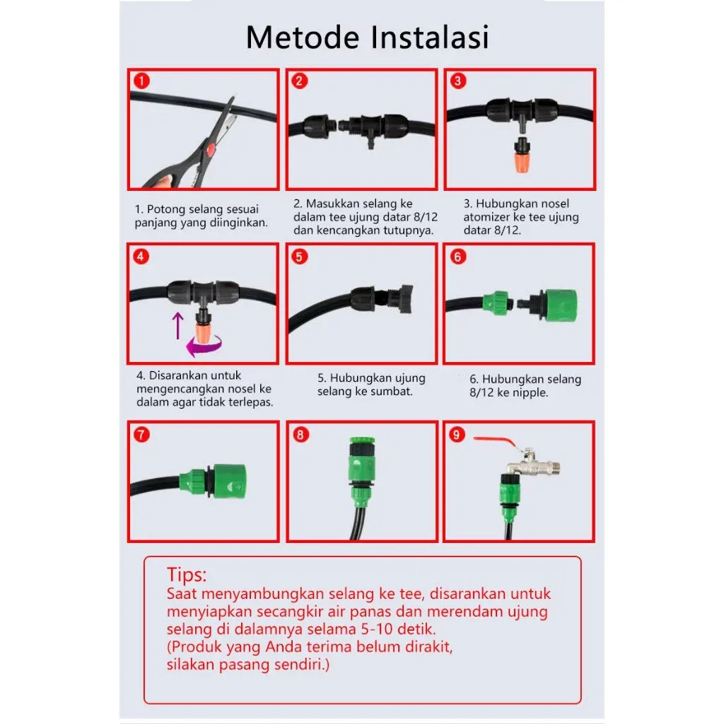 Set Penyiram Kabut Tanaman: Selang 10 Meter, 10 Nozzle Mist, Konektor Keran 6