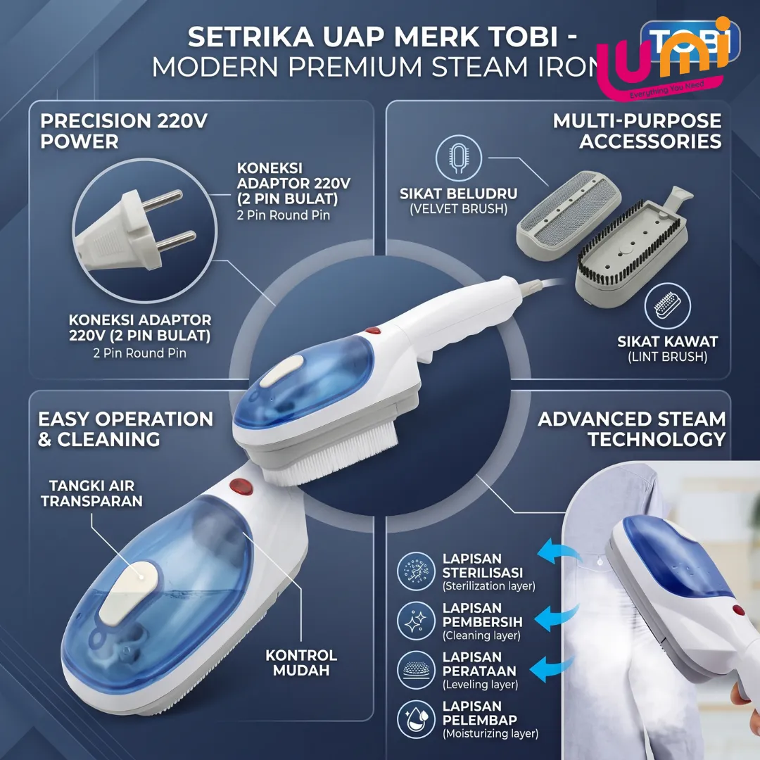 Setrika Uap Tobi Portable 650 sampai 900 W dengan Lint Remover 4