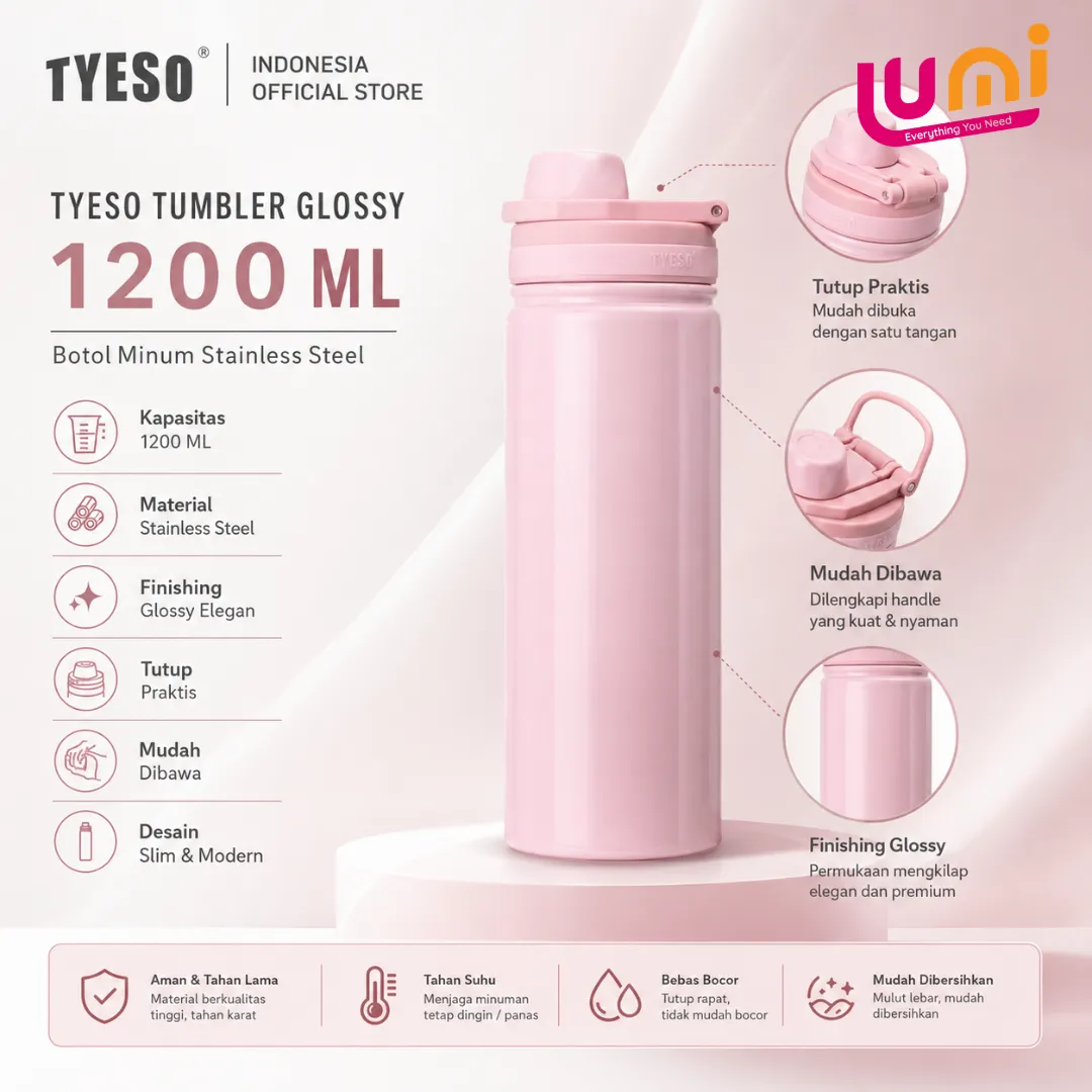 TYESO TS-8725 Tumbler Stainless 1200 ml, Vakum Ganda, Panas 12 Jam Dingin 24 Jam 1