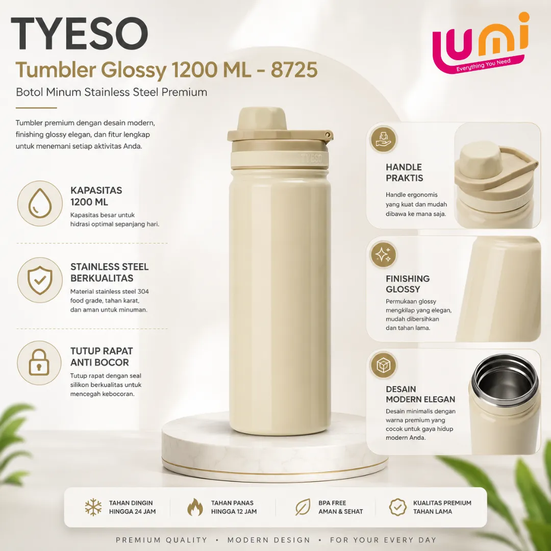 TYESO TS-8725 Tumbler Stainless 1200 ml, Vakum Ganda, Panas 12 Jam Dingin 24 Jam 2