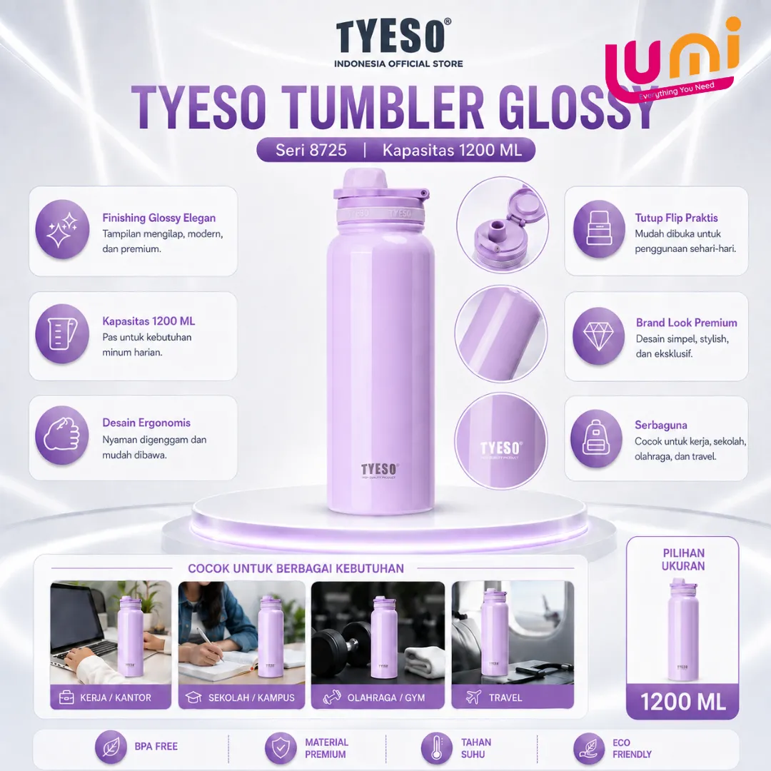 TYESO TS-8725 Tumbler Stainless 1200 ml, Vakum Ganda, Panas 12 Jam Dingin 24 Jam 4