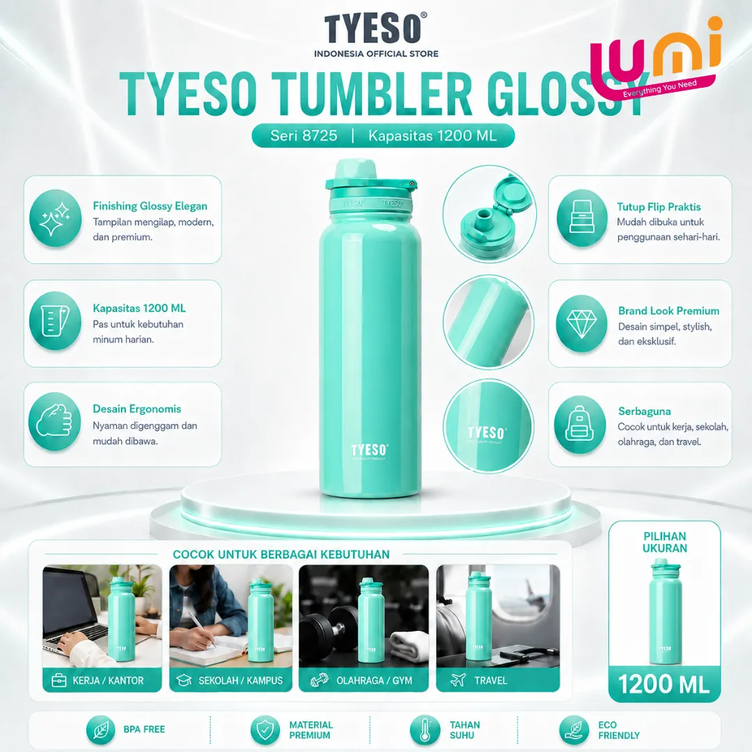 TYESO TS-8725 Tumbler Stainless 1200 ml, Vakum Ganda, Panas 12 Jam Dingin 24 Jam 5
