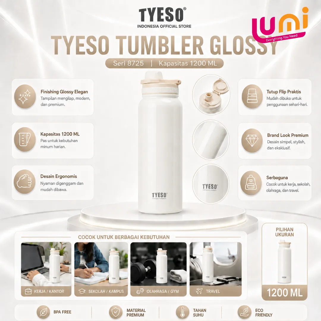 TYESO TS-8725 Tumbler Stainless 1200 ml, Vakum Ganda, Panas 12 Jam Dingin 24 Jam 6