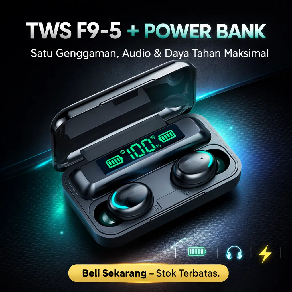 TWS Earphone F9-5 Bluetooth 5.0, Layar LED Daya, Casing 1500 mAh Bisa Jadi Power Bank 1