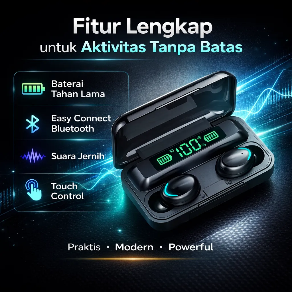 TWS Earphone F9-5 Bluetooth 5.0, Layar LED Daya, Casing 1500 mAh Bisa Jadi Power Bank 2