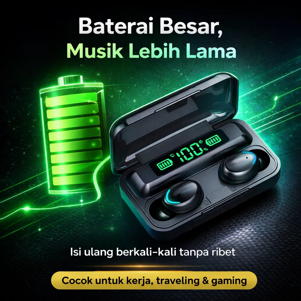 TWS Earphone F9-5 Bluetooth 5.0, Layar LED Daya, Casing 1500 mAh Bisa Jadi Power Bank 3
