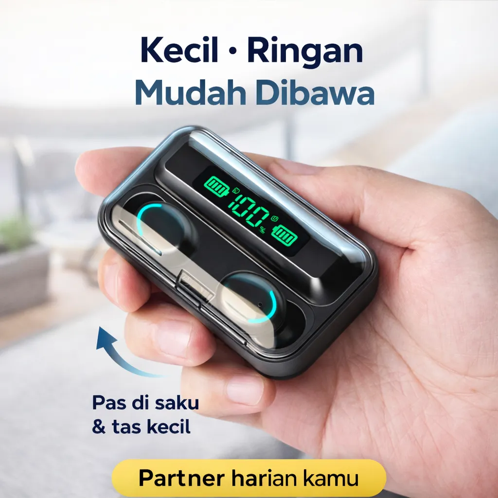 TWS Earphone F9-5 Bluetooth 5.0, Layar LED Daya, Casing 1500 mAh Bisa Jadi Power Bank 5